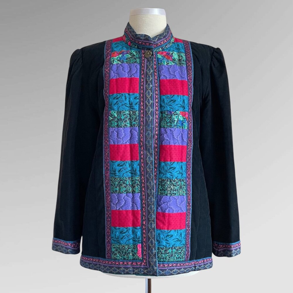 Vintage Suttles & Seawinds Black Corduroy & Floral Patchwork Quilted Jacket